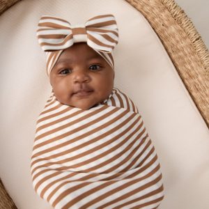 Chestnut Brown Stripe Swaddle & Luxe Bow Headband Set
