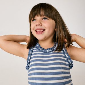 Infinite Blue Stripe Ribbed Ruffle Tank
