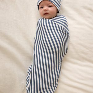 Hazy Blue Stripe Swaddle & Infant Beanie Set