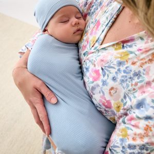 Light Fog Ribbed Swaddle & Infant Beanie Set