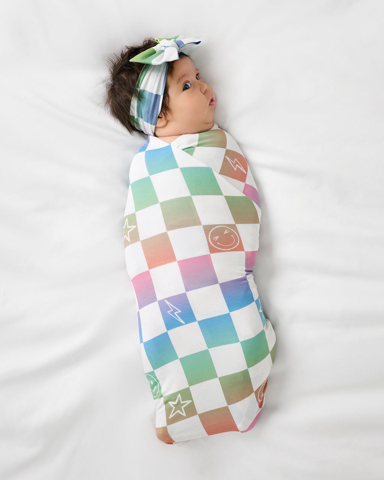 Ombre Cheery Checks Swaddle & Luxe Bow Headband Set