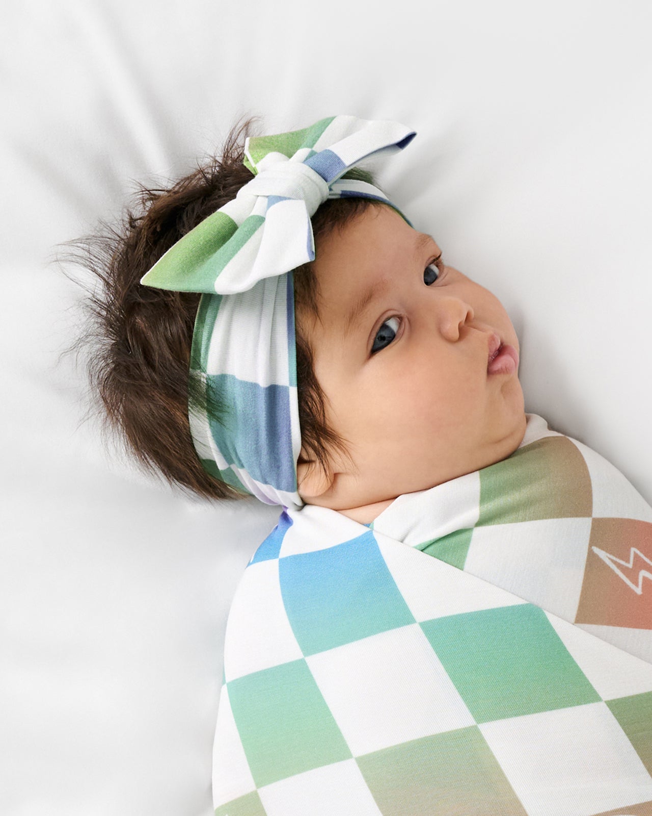 Ombre Cheery Checks Swaddle & Luxe Bow Headband Set - Image 2