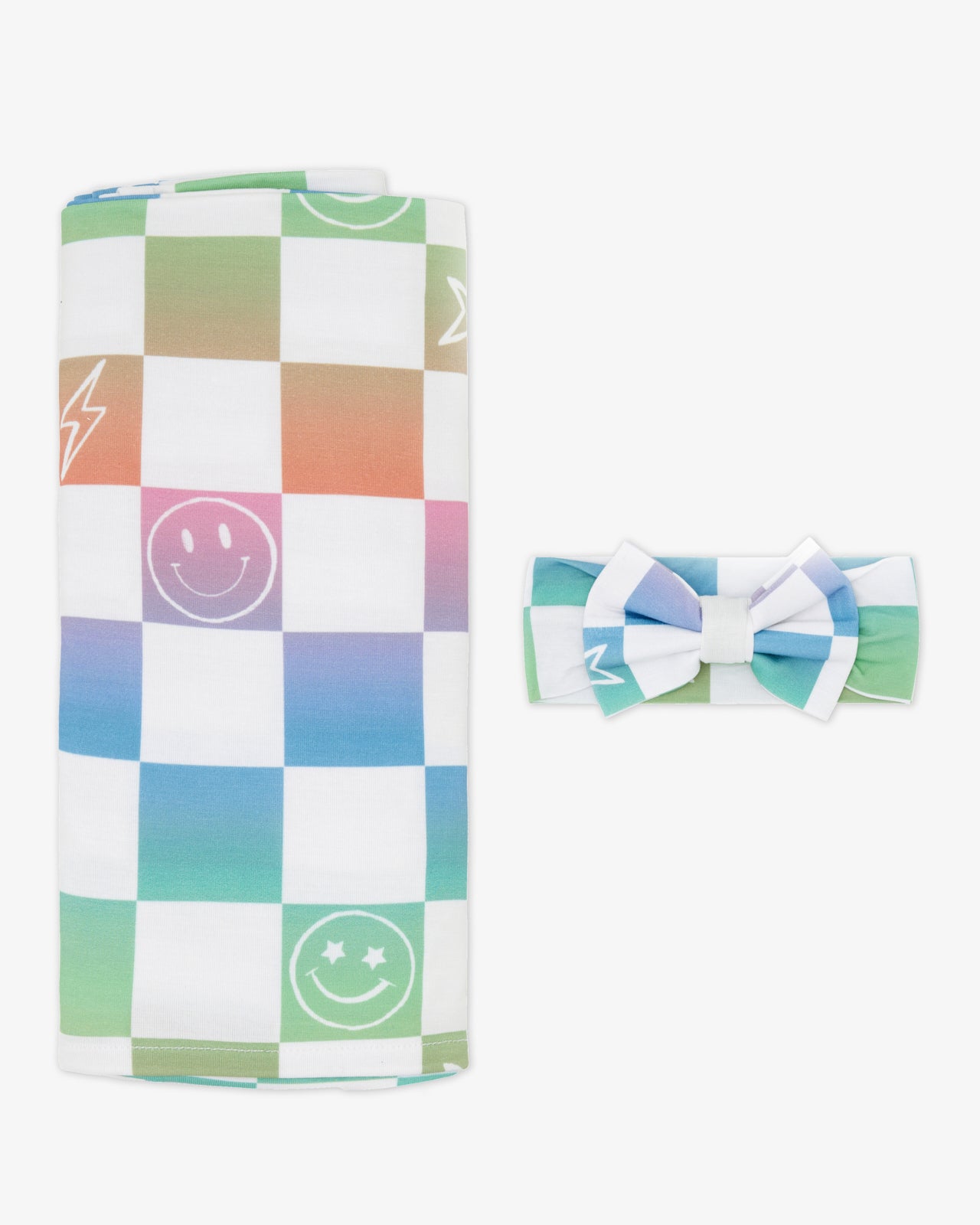 Ombre Cheery Checks Swaddle & Luxe Bow Headband Set - Image 3