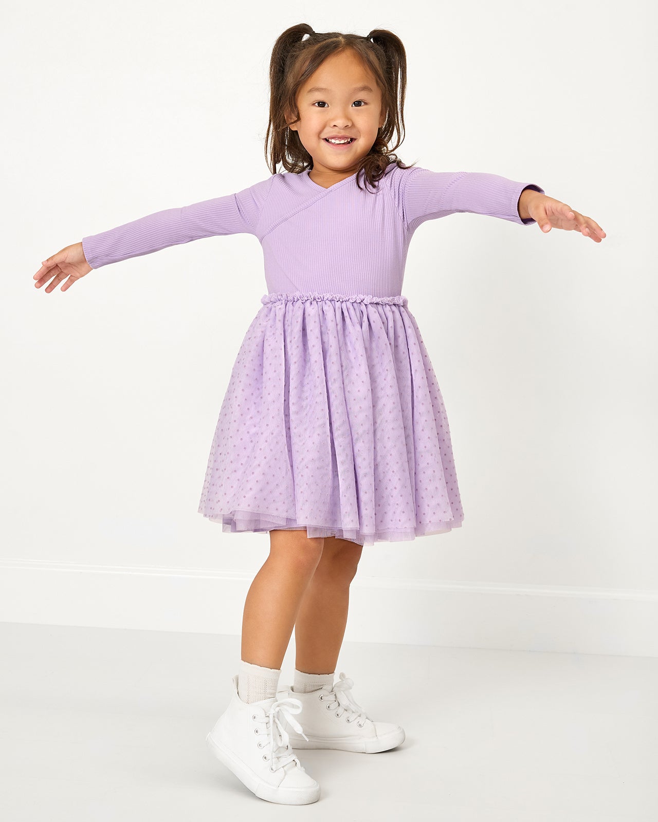 Powder Lilac Ribbed Layered Tulle Dress