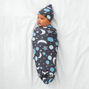 Blue To the Moon & Back Swaddle & Hat Set