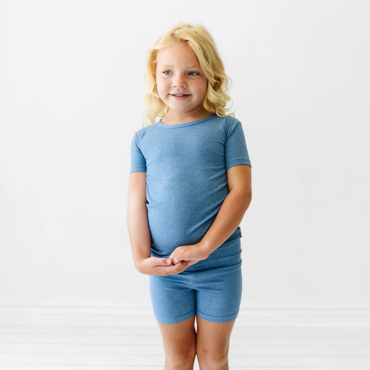Heather Blue Ribbed Two-Piece Short Sleeve & Shorts Pajama Set - Image 4