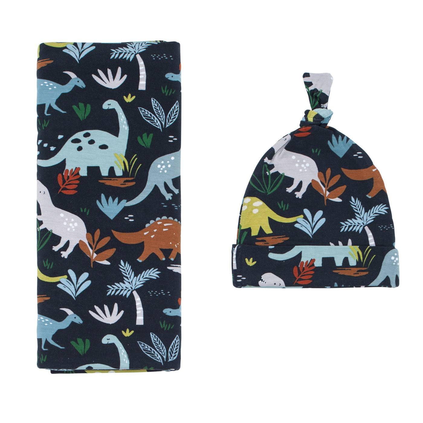 Navy Jurassic Jungle Swaddle + Hat Set - Image 4