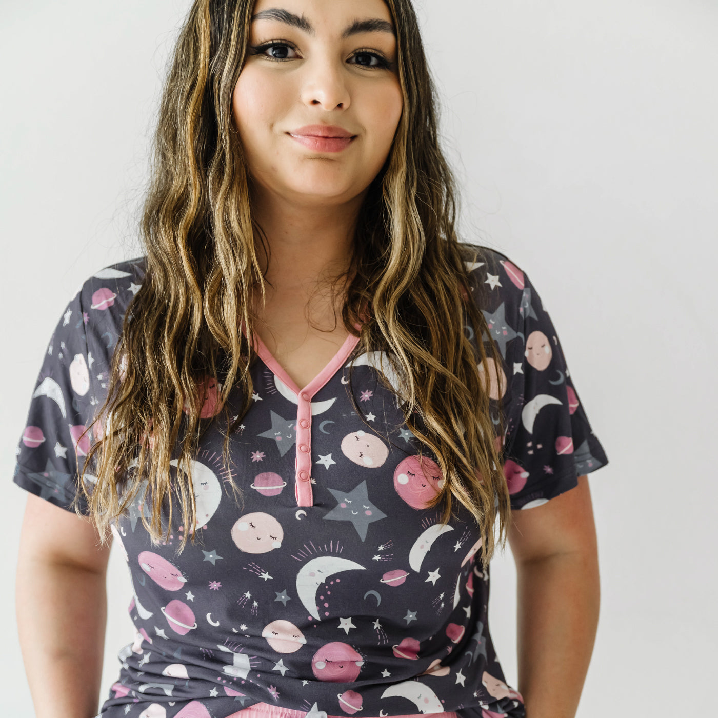 Pink To the Moon & Back Women's Short Sleeve Pajama Top - Image 3