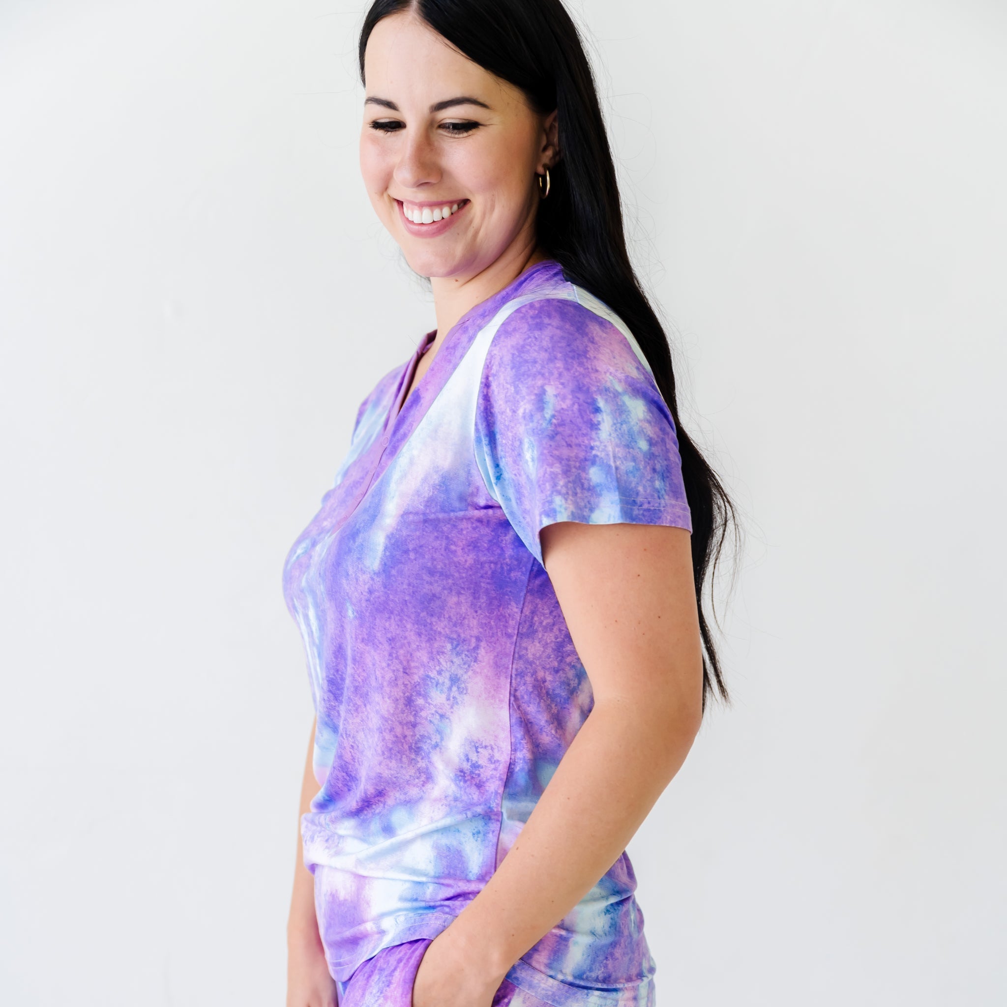 Purple Watercolor Women's Short Sleeve Pajama Top - Image 2